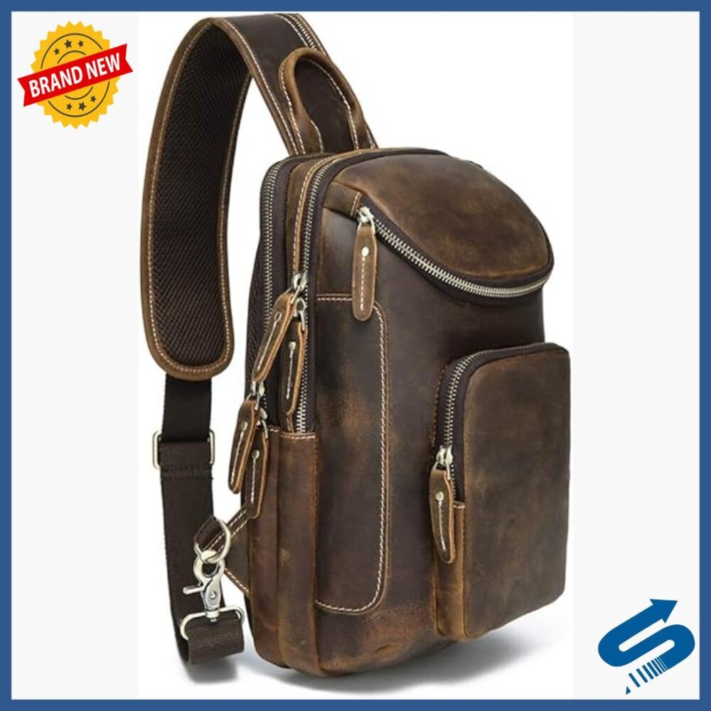 Vintage Full Grain Leather Sling Bag Crossbody Daypack 13x8x4